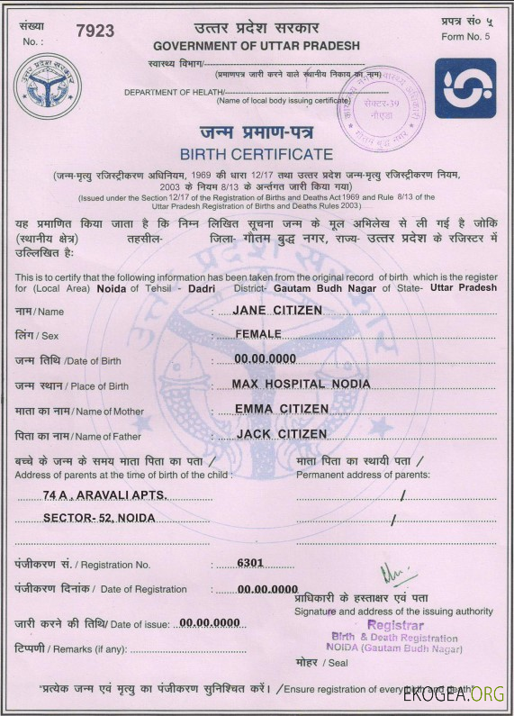 Modèle d'acte de naissance du gouvernement indien de l'Uttar Pradesh au format PSD,